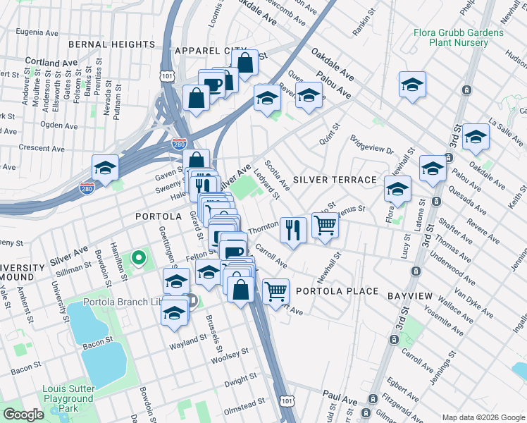 map of restaurants, bars, coffee shops, grocery stores, and more near 96 Ledyard Street in San Francisco