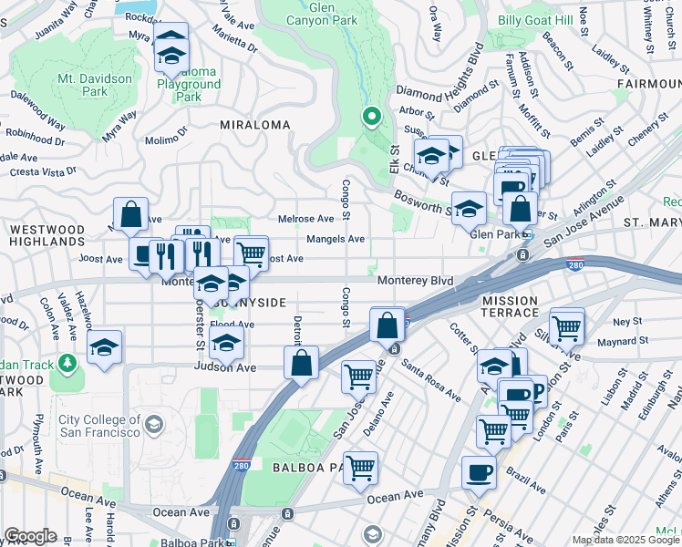 map of restaurants, bars, coffee shops, grocery stores, and more near 400 Congo Street in San Francisco