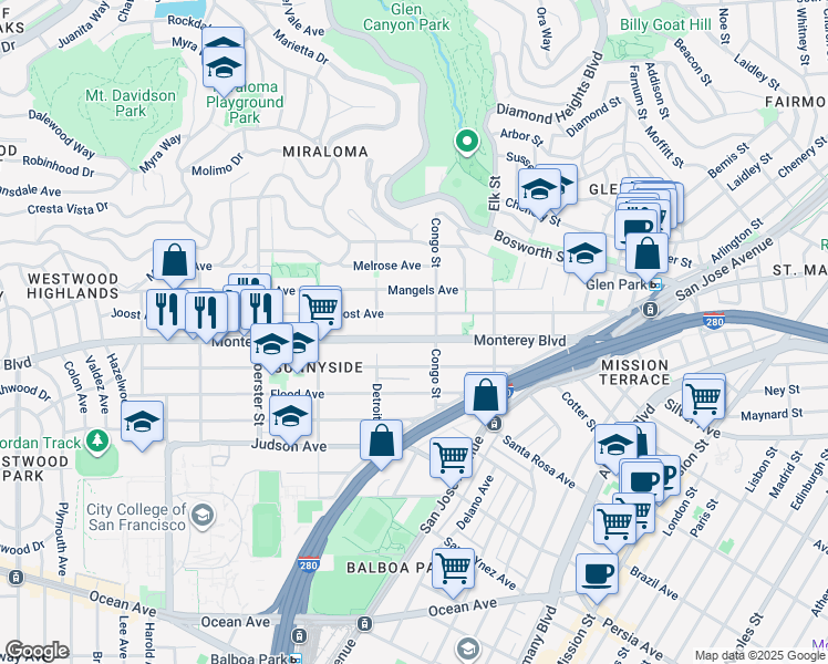 map of restaurants, bars, coffee shops, grocery stores, and more near 360 Joost Avenue in San Francisco