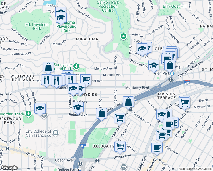 map of restaurants, bars, coffee shops, grocery stores, and more near 360 Joost Avenue in San Francisco