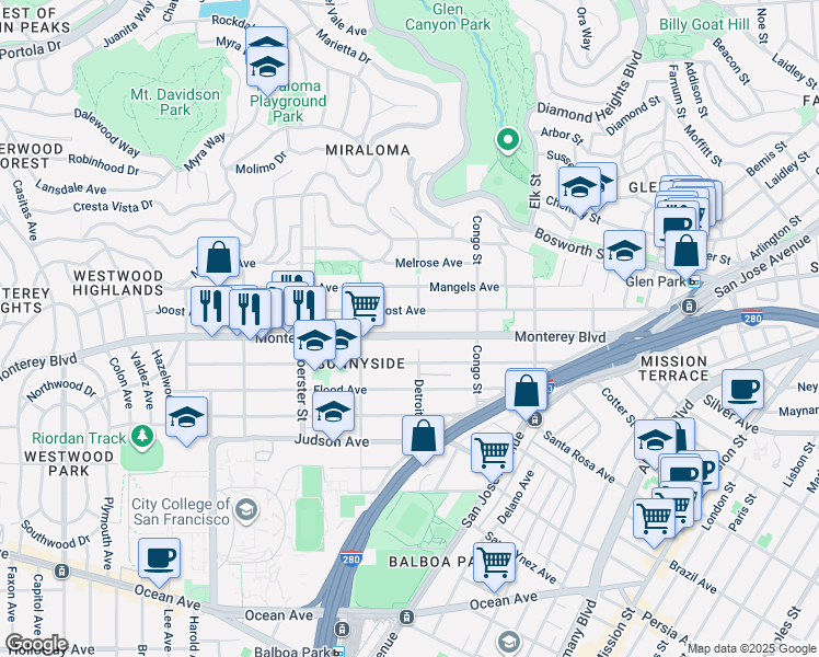 map of restaurants, bars, coffee shops, grocery stores, and more near 426 Joost Avenue in San Francisco