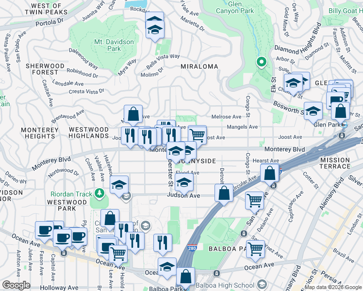 map of restaurants, bars, coffee shops, grocery stores, and more near 558 Joost Avenue in San Francisco
