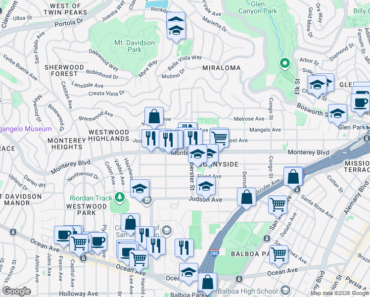map of restaurants, bars, coffee shops, grocery stores, and more near 620 Joost Avenue in San Francisco