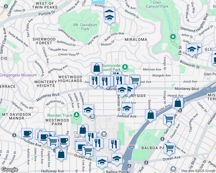 map of restaurants, bars, coffee shops, grocery stores, and more near 698 Joost Avenue in San Francisco