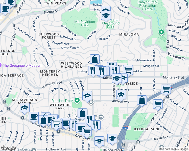 map of restaurants, bars, coffee shops, grocery stores, and more near 756 Joost Avenue in San Francisco