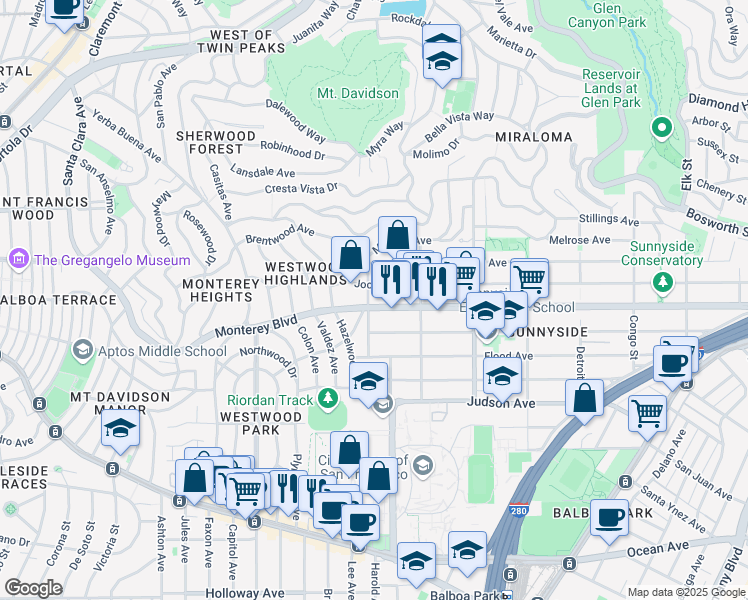 map of restaurants, bars, coffee shops, grocery stores, and more near 756 Joost Avenue in San Francisco