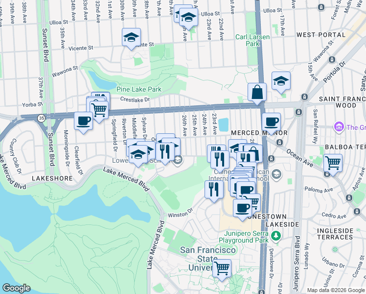 map of restaurants, bars, coffee shops, grocery stores, and more near 96 Inverness Drive in San Francisco
