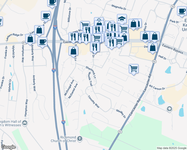 map of restaurants, bars, coffee shops, grocery stores, and more near 200 Shamrock Lane in Richmond