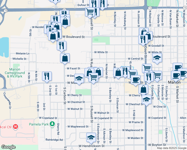 map of restaurants, bars, coffee shops, grocery stores, and more near 1300-1398 West Lee Avenue in Marion