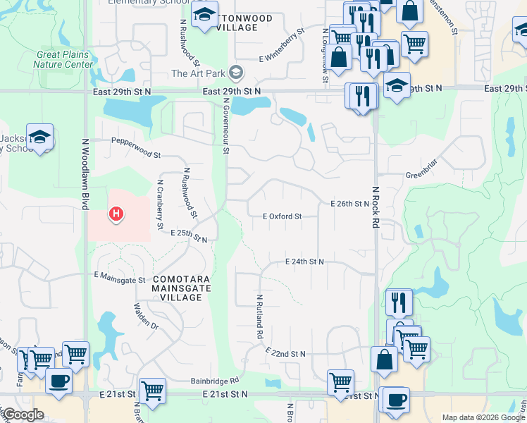 map of restaurants, bars, coffee shops, grocery stores, and more near 7337 26th Street Court in Wichita
