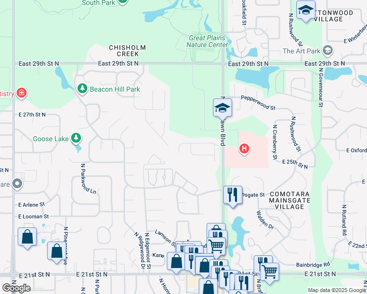 map of restaurants, bars, coffee shops, grocery stores, and more near 6028 East Ironhorse Circle in Wichita