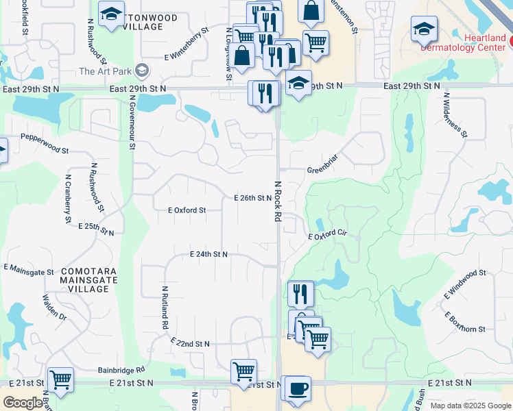 map of restaurants, bars, coffee shops, grocery stores, and more near 7835 East 26th Street North in Wichita