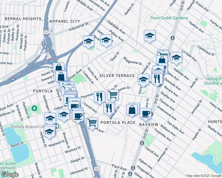 map of restaurants, bars, coffee shops, grocery stores, and more near 86 Apollo Street in San Francisco