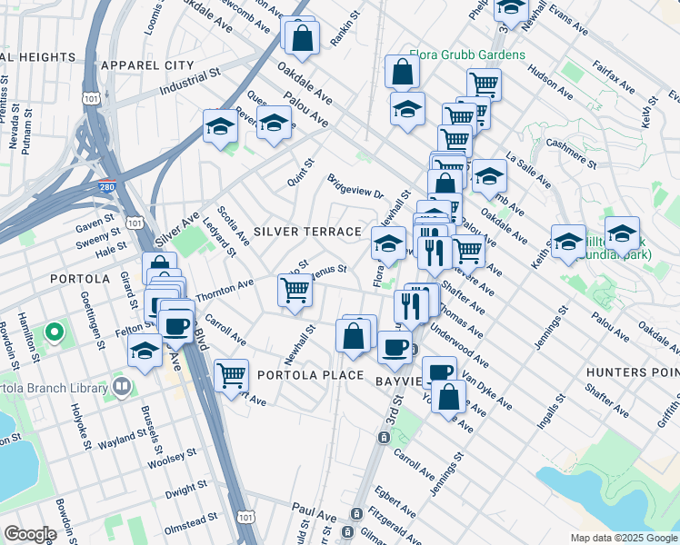 map of restaurants, bars, coffee shops, grocery stores, and more near 19 Venus Street in San Francisco