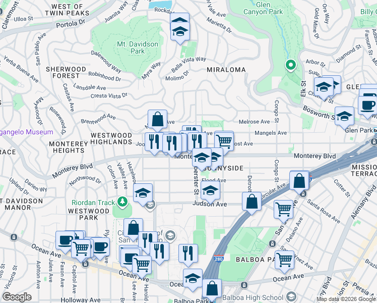 map of restaurants, bars, coffee shops, grocery stores, and more near 620 Joost Avenue in San Francisco