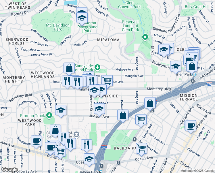 map of restaurants, bars, coffee shops, grocery stores, and more near 494 Monterey Boulevard in San Francisco