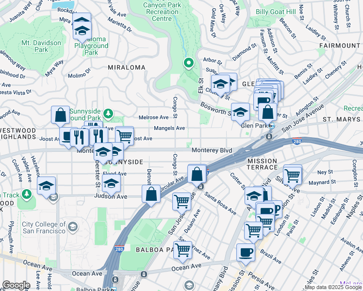 map of restaurants, bars, coffee shops, grocery stores, and more near 2 Monterey Boulevard in San Francisco