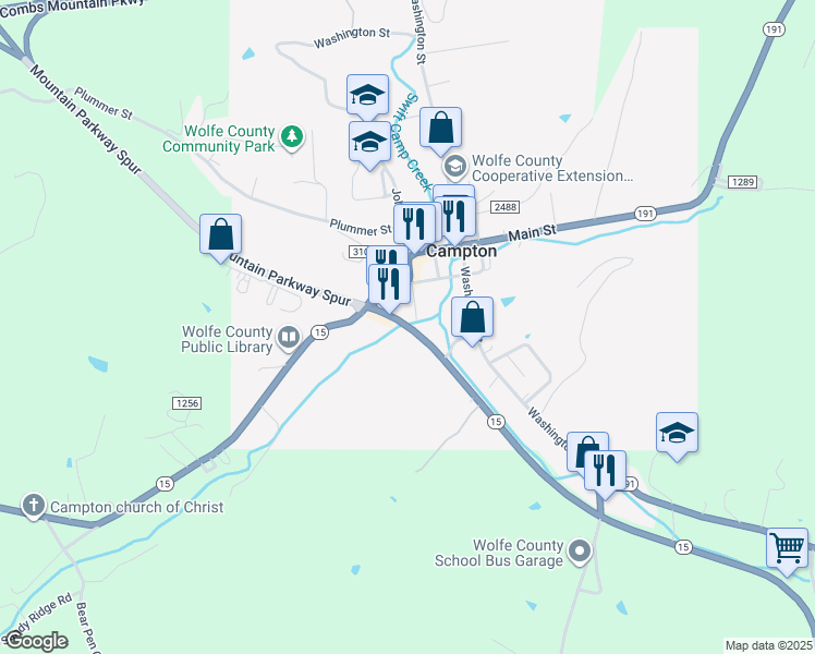 map of restaurants, bars, coffee shops, grocery stores, and more near Kentucky 15 in Campton