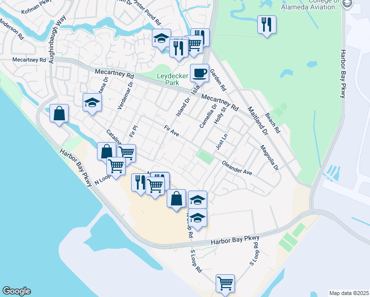 map of restaurants, bars, coffee shops, grocery stores, and more near 1112 Bismarck Lane in Alameda