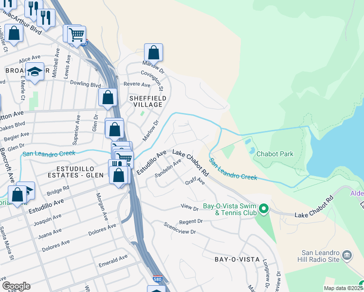 map of restaurants, bars, coffee shops, grocery stores, and more near 1200 Brookvale Drive in San Leandro