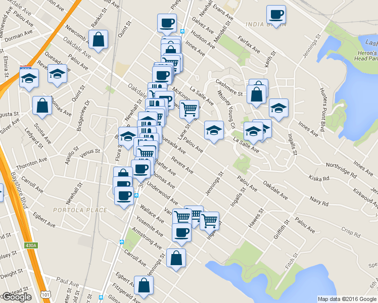 map of restaurants, bars, coffee shops, grocery stores, and more near 1454 Palou Avenue in San Francisco