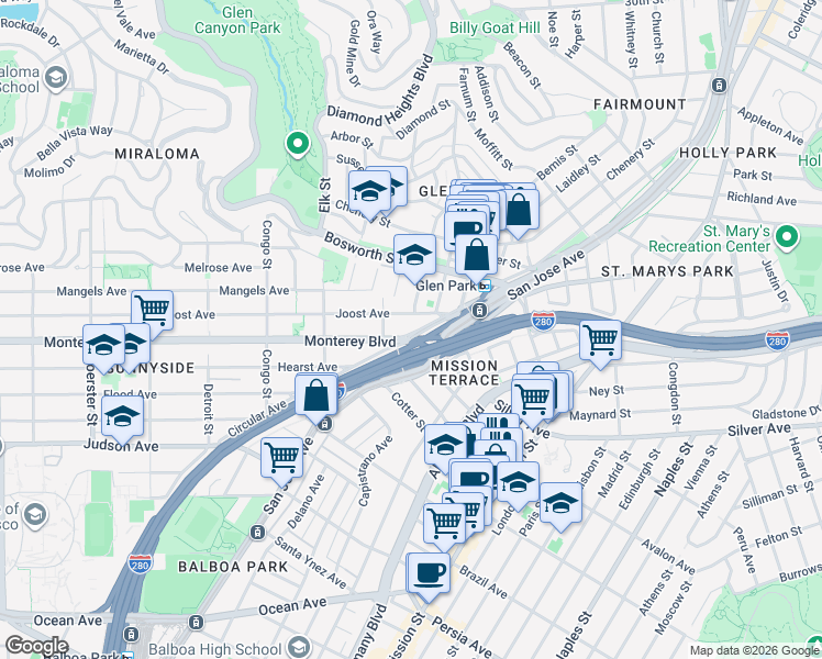 map of restaurants, bars, coffee shops, grocery stores, and more near 40 Joost Avenue in San Francisco