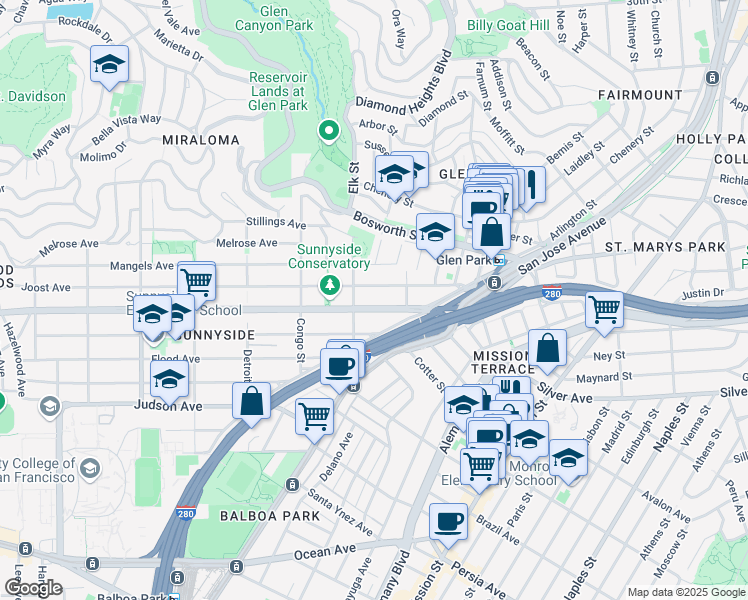 map of restaurants, bars, coffee shops, grocery stores, and more near 166 Joost Avenue in San Francisco