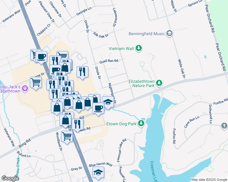 map of restaurants, bars, coffee shops, grocery stores, and more near 1615 Nightingale Drive in Elizabethtown