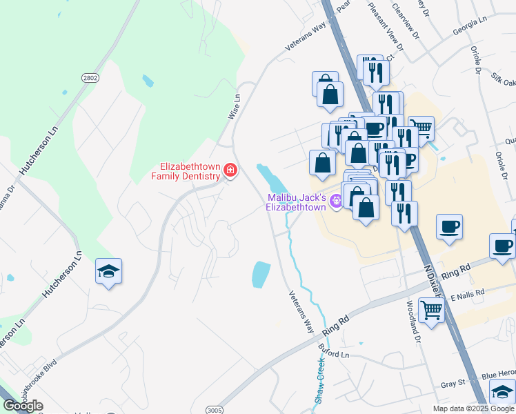 map of restaurants, bars, coffee shops, grocery stores, and more near Veterans Way in Elizabethtown