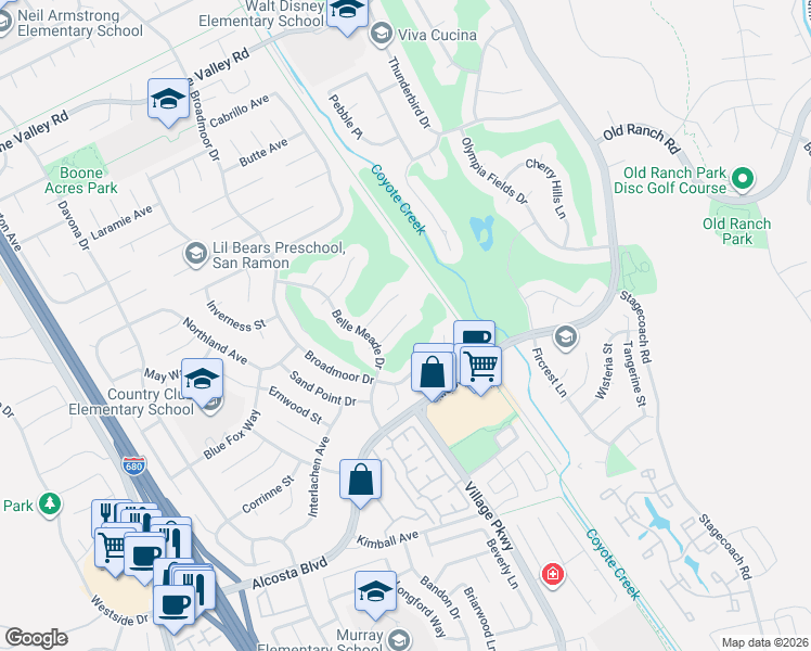 map of restaurants, bars, coffee shops, grocery stores, and more near 148 Metairie Place in San Ramon