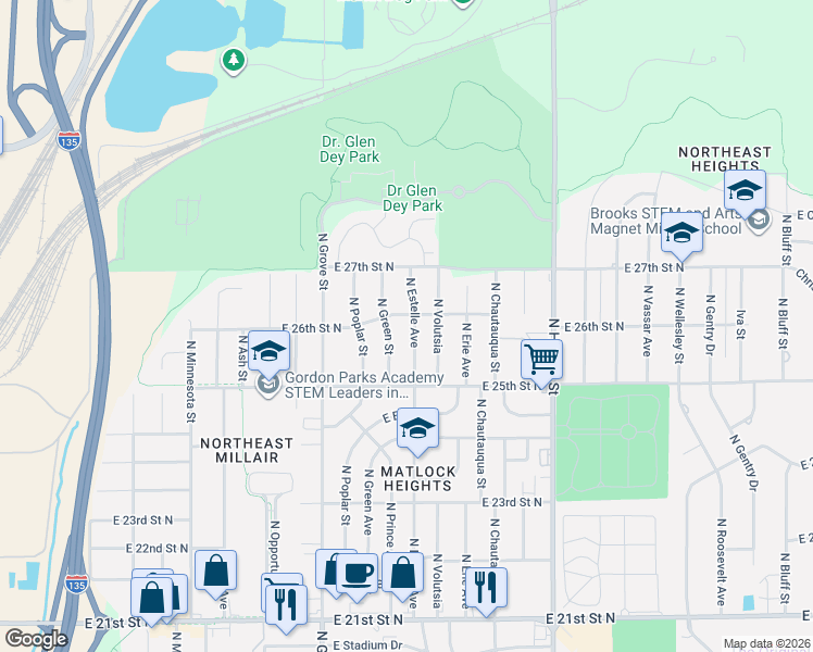 map of restaurants, bars, coffee shops, grocery stores, and more near 2701 N Estelle St in Wichita