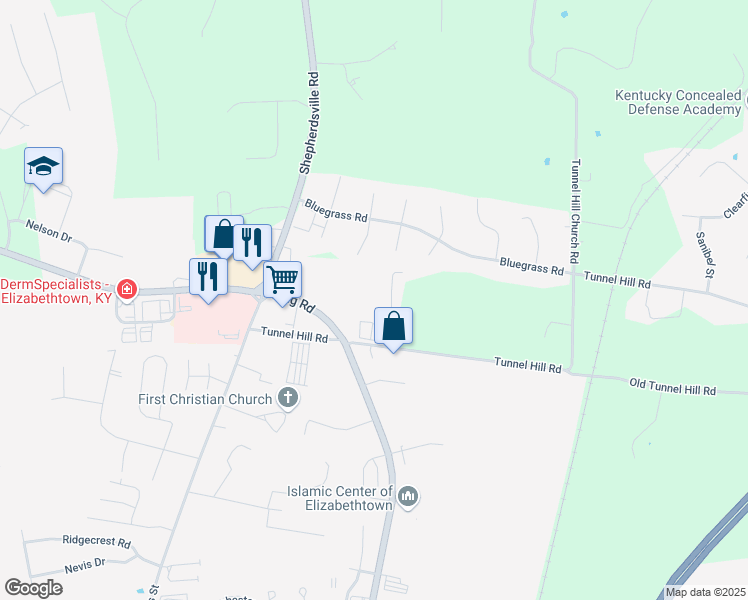 map of restaurants, bars, coffee shops, grocery stores, and more near 130 Cricket Lane in Elizabethtown