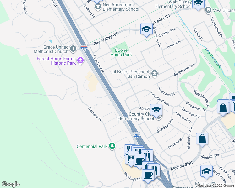 map of restaurants, bars, coffee shops, grocery stores, and more near 9669 Tareyton Avenue in San Ramon