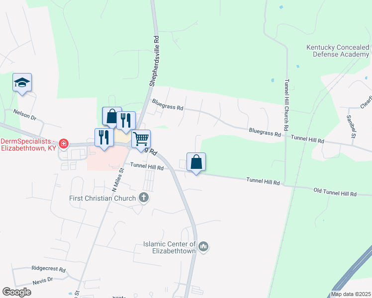 map of restaurants, bars, coffee shops, grocery stores, and more near 130 Cricket Lane in Elizabethtown