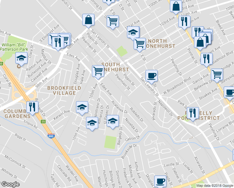 map of restaurants, bars, coffee shops, grocery stores, and more near 10800 Edes Avenue in Oakland