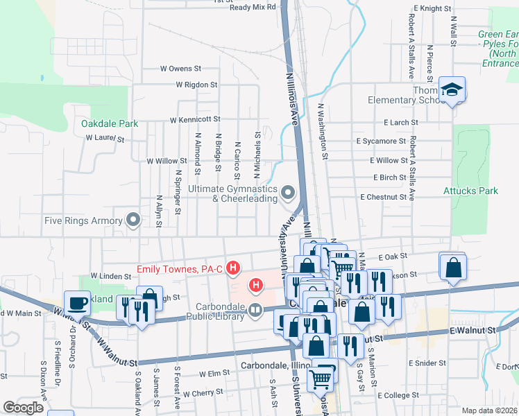 map of restaurants, bars, coffee shops, grocery stores, and more near 521 North Michaels Street in Carbondale