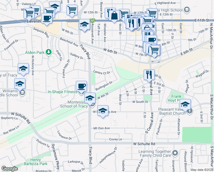 map of restaurants, bars, coffee shops, grocery stores, and more near 448 Burlington Drive in Tracy