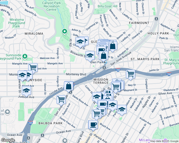 map of restaurants, bars, coffee shops, grocery stores, and more near 2 Monterey Boulevard in San Francisco