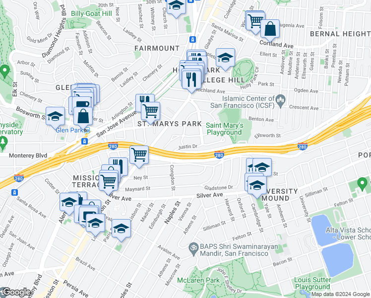 map of restaurants, bars, coffee shops, grocery stores, and more near 471 Justin Drive in San Francisco
