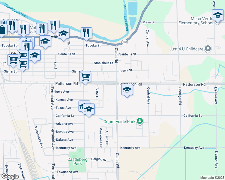 map of restaurants, bars, coffee shops, grocery stores, and more near 3952 Patterson Road in Riverbank