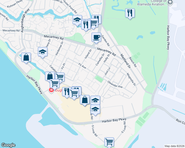 map of restaurants, bars, coffee shops, grocery stores, and more near 3338 Fir Avenue in Alameda