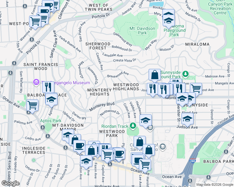 map of restaurants, bars, coffee shops, grocery stores, and more near 401 Colon Avenue in San Francisco