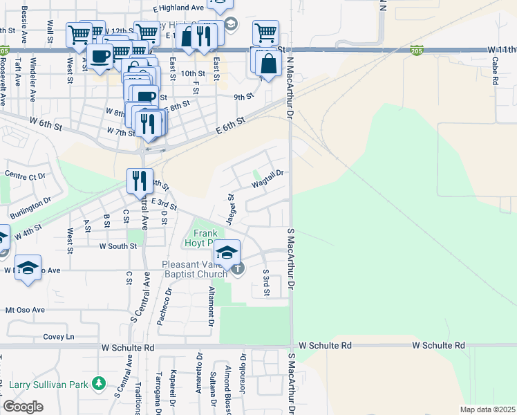 map of restaurants, bars, coffee shops, grocery stores, and more near 451 Leamon Street in Tracy