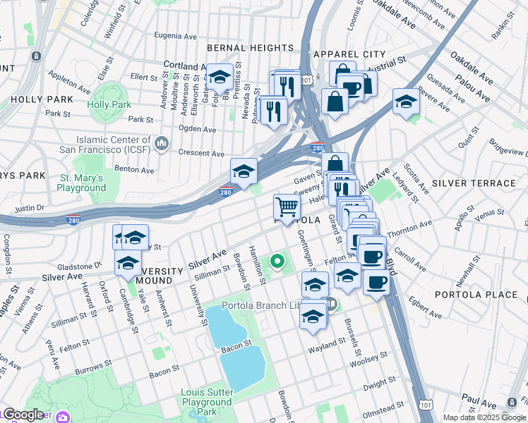 map of restaurants, bars, coffee shops, grocery stores, and more near 270 Sweeny Street in San Francisco