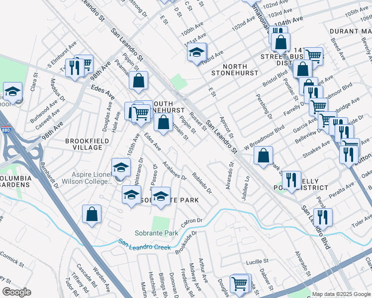 map of restaurants, bars, coffee shops, grocery stores, and more near 763 Moorpark Street in Oakland