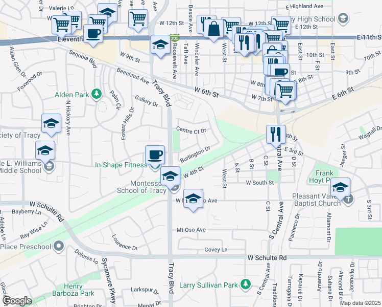 map of restaurants, bars, coffee shops, grocery stores, and more near 489 Burlington Drive in Tracy