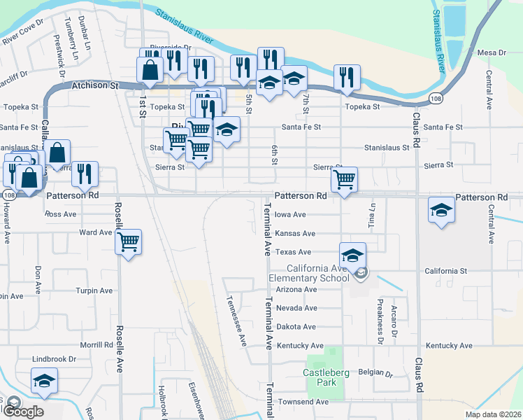 map of restaurants, bars, coffee shops, grocery stores, and more near 6360 Terminal Avenue in Riverbank