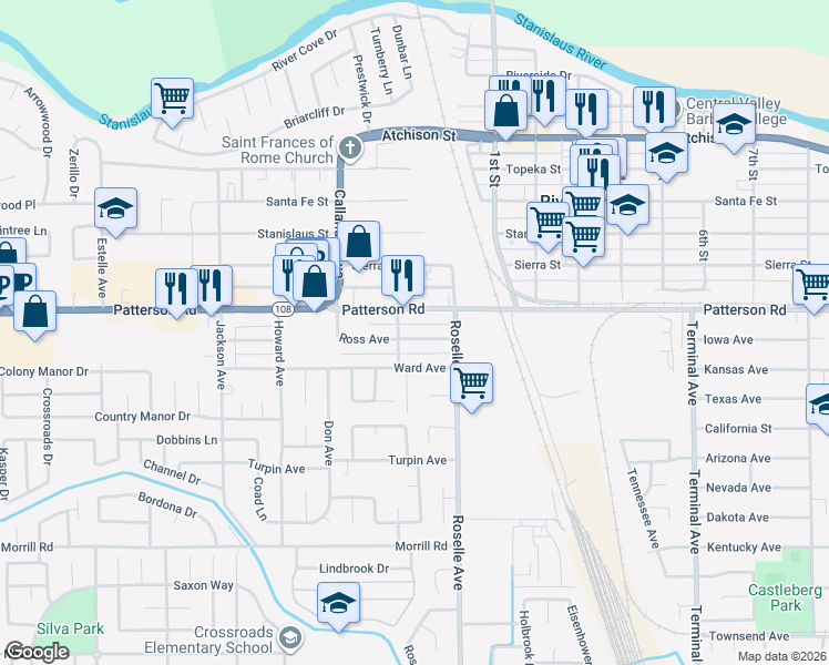 map of restaurants, bars, coffee shops, grocery stores, and more near 2916 Patterson Road in Riverbank