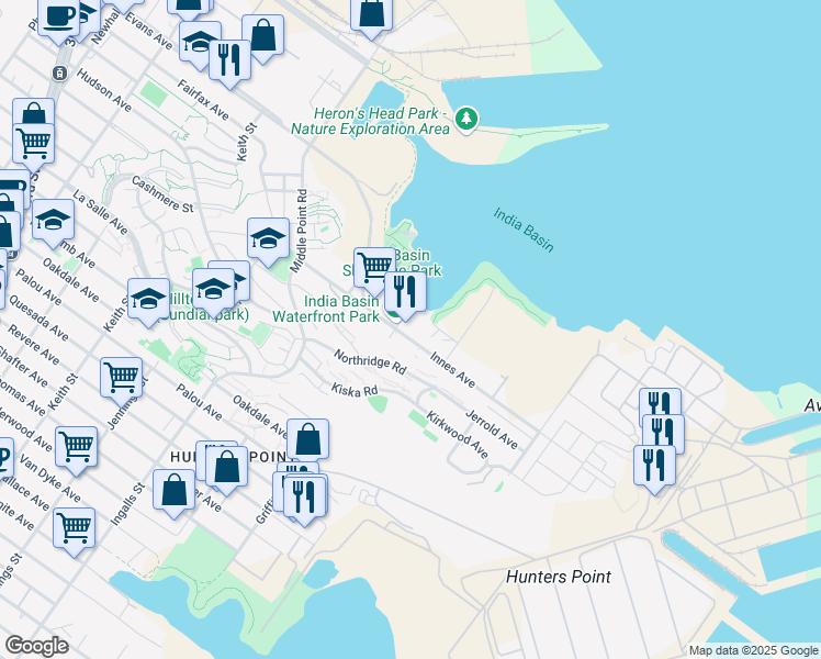 map of restaurants, bars, coffee shops, grocery stores, and more near V Innes Avenue in San Francisco