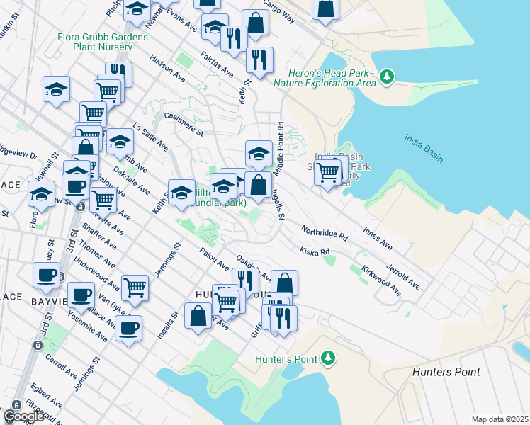 map of restaurants, bars, coffee shops, grocery stores, and more near 17 Bertha Lane in San Francisco